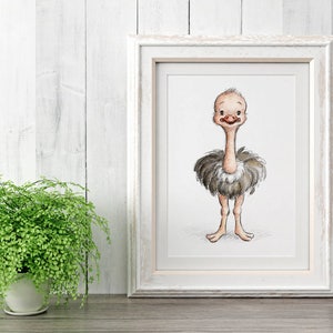 Pencil and Watercolor Drawing of Ostrich - Nursery Picture - Nursery Art - Baby Gift - Wall Decor - Ostrich Digital Print - Animal Print