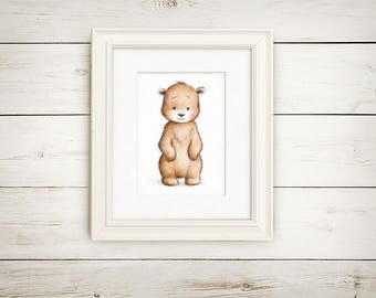 Pencil and Watercolor Drawing of Bear, Nursery Picture, Nursery Art, Baby Gift, Bear Nursery, Wall Decor, Digital Bear Print