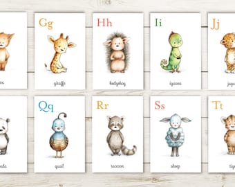 Printable Animal Alphabet Cards Set, Instant Download ABC Flashcards, Watercolor Nursery Alphabet Wall Art, Educational Kids Learning Tool