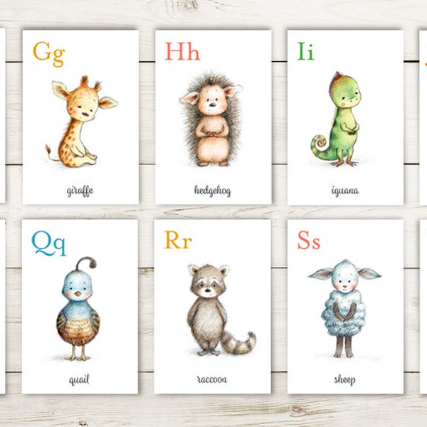 Printable Animal Alphabet Cards Set, Instant Download ABC Flashcards, Watercolor Nursery Alphabet Wall Art, Educational Kids Learning Tool