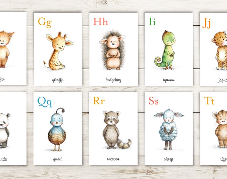 Printable Animal Alphabet Cards Set, Instant Download ABC Flashcards, Watercolor Nursery Alphabet Wall Art, Educational Kids Learning Tool image 1