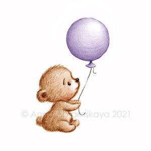 Le dessin de l’ours mignon de nounours avec le ballon pourpré. Art imprimable. Téléchargement instantané. Décor de pépinière. Impression de chambre pour bébé. Art mural pour enfants.