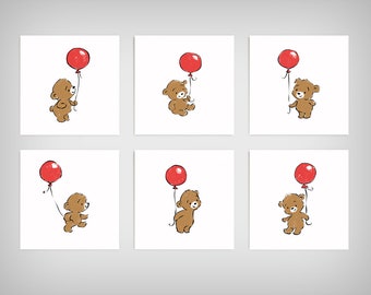 6 Teddy Bears with Red Balloons Clipart - Nursery decor - Birthday party - Baby Shower - Printable  Art - Greeting - Invitation - Card