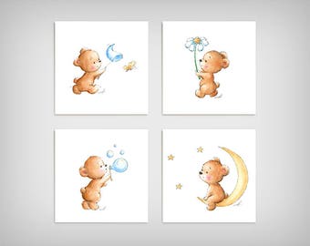Set of 4 Cute Teddy Bears - Printable Art - Animal Nursery Prints - Children's Art - Nursery Wall Art - Children's illustration