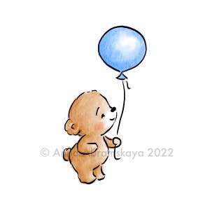 Die Zeichnung eines süßen Teddybären mit blauem Ballon. Druckbare Kunst. Sofortiger Download. Kinderzimmer-Dekor. Babyzimmer-Druck. Wandkunst für Kinder.