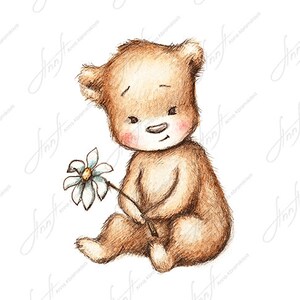 Die Zeichnung eines Teddybären mit Gänseblümchen. Druckbare Kunst. Digitale Datei. Sofortiger Download