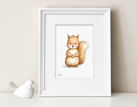 リスの鉛筆画と水彩画、保育園の絵、保育園のアート、赤ちゃんへの 