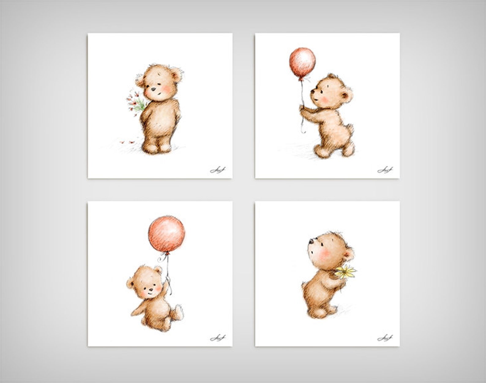 Set of 4 Cute Teddy Bears Printable Art Animal Nursery - Etsy