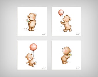 Set of 4 Cute Teddy Bears - Printable Art - Animal Nursery Wall Set - Children's Art - Nursery Wall Art - Children's illustration