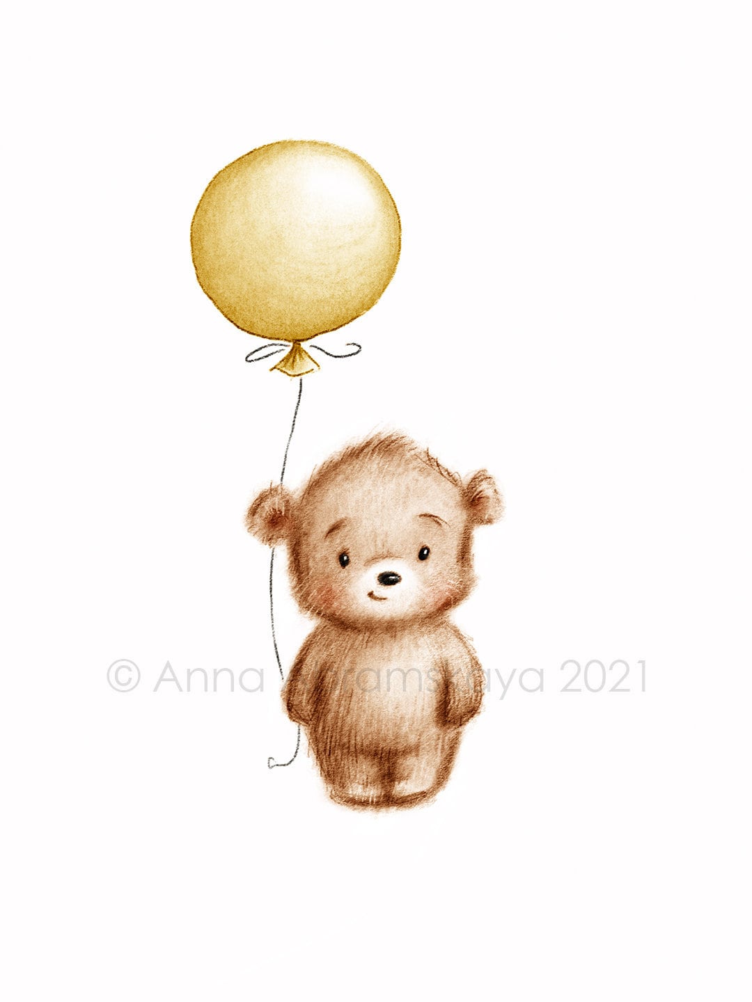 The Drawing of Cute Teddy Bear With Yellow Balloon. Printable Art The Drawing of Cute Teddy Bear With Yellow Balloon. Printable Art