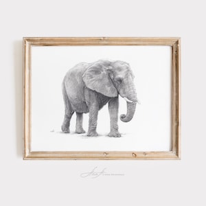 Wydruk artystyczny ze słoniem – realistyczny rysunek grafitowy Giclée – sztuka ścienna ze zwierzętami safari – czarno-biały wystrój ze zwierzętami dzikimi – szkic ołówkiem ze słoniem