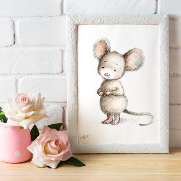 Pencil and Watercolor Drawing of Mouse - Nursery Picture - Nursery Art - Baby Gift - Puppy - Wall Decor - Digital Mouse Print