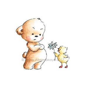 Osito y patito - Arte imprimible - Decoración de pared infantil - Ilustración infantil - Archivo digital - Descarga instantánea