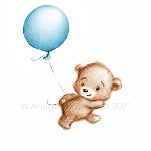 Le dessin de l’ours mignon de nounours avec le ballon bleu.  Art imprimable. Téléchargement instantané. Décor de pépinière. Impression de chambre pour bébé. Art mural pour enfants.