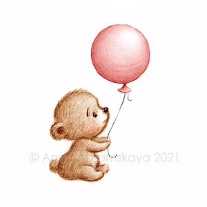 Le dessin d'un ours en peluche mignon avec un ballon rouge. Art imprimable. Téléchargement instantané. Décoration de chambre d'enfant. Impression chambre de bébé. Art mural pour enfants.