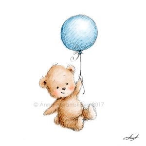 Aquarell und Bleistiftzeichnung von Teddybär mit Ballon. Kinderzimmer Wand Kunst, Kinder Illustration, Kinderzimmer Dekoration, Grußkarte.