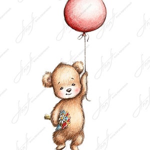 The drawing of teddy bear with red balloon and flowers. Printable Art. Digital file. Instant Download