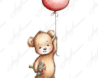 Le dessin de l’ours mignon de nounours avec le ballon rouge. Art  imprimable. Téléchargement instantané. Décor de pépinière. Impression de  chambre pour