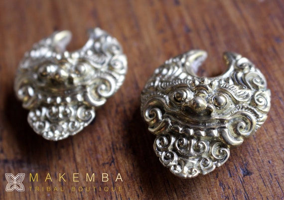Beautifully Detailed Hand Carved Horn Barong Gauged Earrings Beautifully Detailed Hand Carved Horn Barong Gauged Earrings
