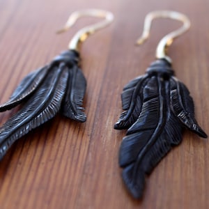 BLACK FEATHER EARRINGS, tribal earrings, horn earrings, carved earrings, tribal earrings, handmade earrings, brass earrings