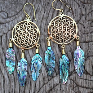OJIBWE EARRINGS, feather, brass earrings, sacred geometry, tribal earrings,