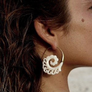 ORNATE BONE EARINGS, tribal earrings, boho earrings, hippie earrings, brass earrings, bone carving, handmade earrings