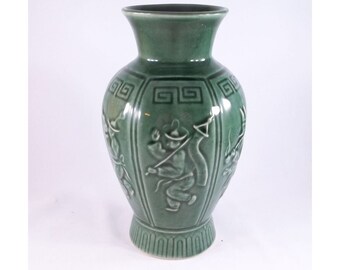 Chinese Green Celadon  Ceramic Vase, Raised Panels of Various Asian Characters