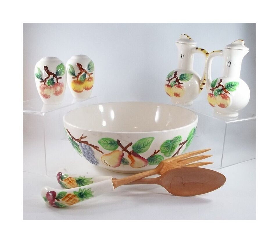 Vintage 7pc Made in Japan Ceramic Salad Set With Fruit Decoration
