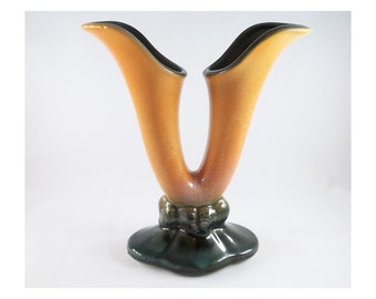 Hull Pottery #103 Orange und grüne Doppelfüllhorn-Keramikknospenvase