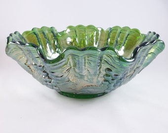 Imperial Glass lebendige irisierende Grün 10 "Schüssel mit Trauben und Blätter Muster