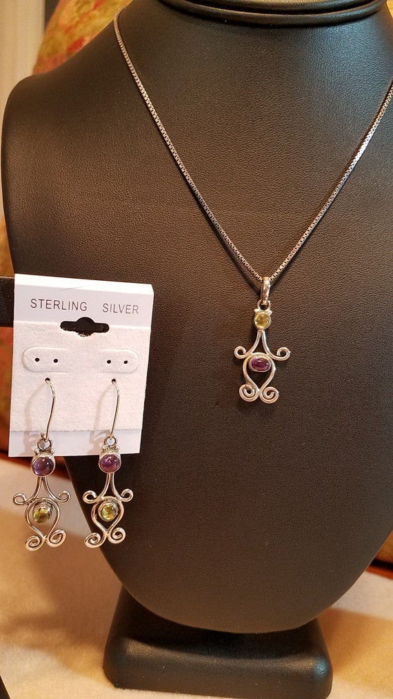 Amethyst and Peridot Earrings and Pendant Set