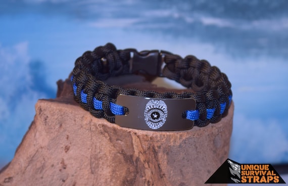 Police LEO Thin Blue Line Paracord Bracelet with Alloy Shield Charm