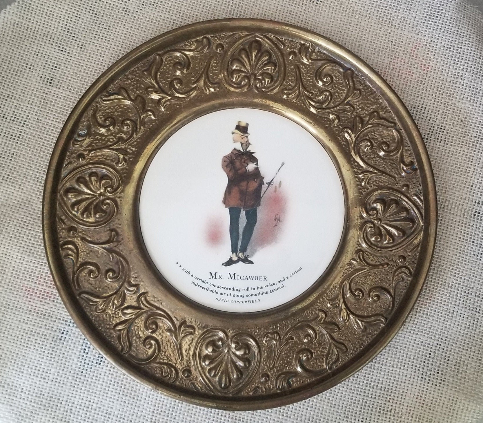 Rare Peerage 11 Inch Brass/ Porcelain Plate Mr. Micawber From David