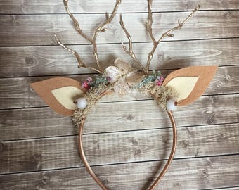 Reindeer headband with gold (or silver) stick antlers, reindeer headband, whimsical reindeer, reindeer ears, reindeer antler headband, deer