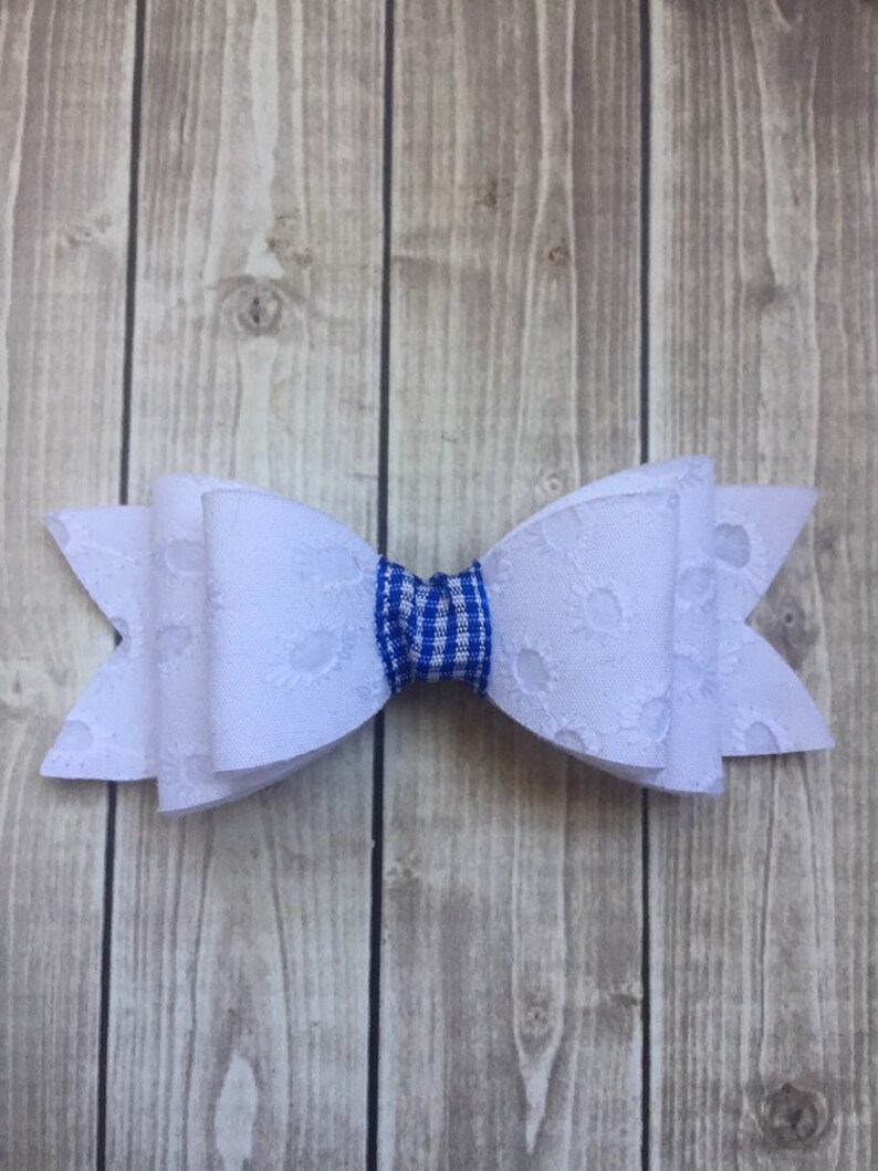 M2m Naomi Blue Microcheck Eyelet Fabric Bows In 2 5 Or Etsy
