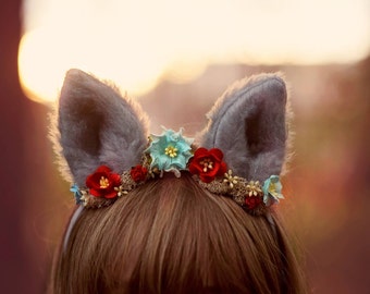 Wolf Woodland Headband with moss and flowers in your choice of colors, halloween costume, dress up wolf, dog ears, halloween headband