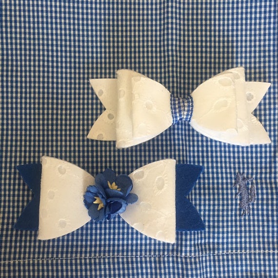 M2m Naomi Blue Microcheck Eyelet Fabric Bows In 2 5 Or Etsy