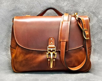 Soho 17" Mailbag, English Tan Horween Dublin Leather Messenger Bag with Quik Latch.