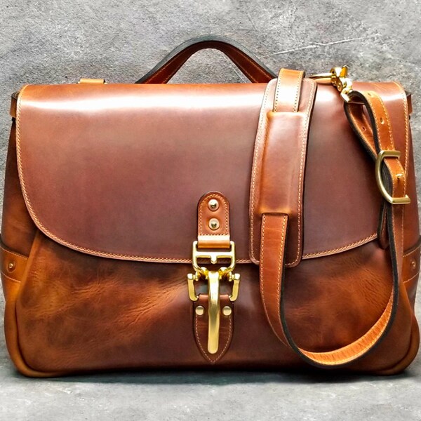 Soho 17" Mailbag, English Tan Horween Dublin Leather Messenger Bag with Quik Latch.