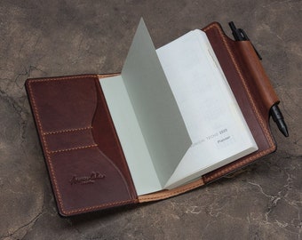 Calibre Techo Hobonichi A6 Cover with 2 Credit Card Pockets and Integrated Pen Loop in Dark Cognac Horween Dublin Leather