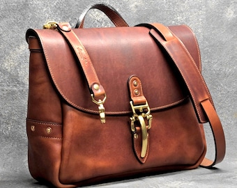 Soho 14" Mail Bag, Old English Tan Horween Dublin Leather Messenger Bag with Quik Latch, Shoulder Bag, Vintage Mailbag