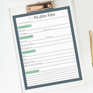 Pet Sitter Notes Digital Print | Dog Sitter Notepad | Binder Size PetSitter Sheet | Travel Organization Sheet | Pet Kennel Notes