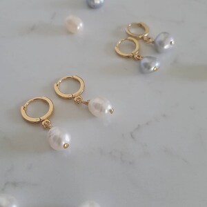 Fresh Water Pearl Huggies. Gold Pearl Earrings. Everyday Pearl Jewelry. image 4