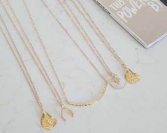 Gold Filled Dainty Layering Necklace. 14K Gold Fill Everyday Necklace. Gold Oyster Necklace. Lip Necklace. Moon & Star Necklace.