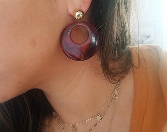 Stevie Earrings. Dark Amber Lucite Earrings. Vintage Inspired Tortoise Hoops.