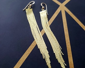 Liquid Gold Earrings. 14K Gold Fill Earrings. Gold Fringe Tassel Earrings.