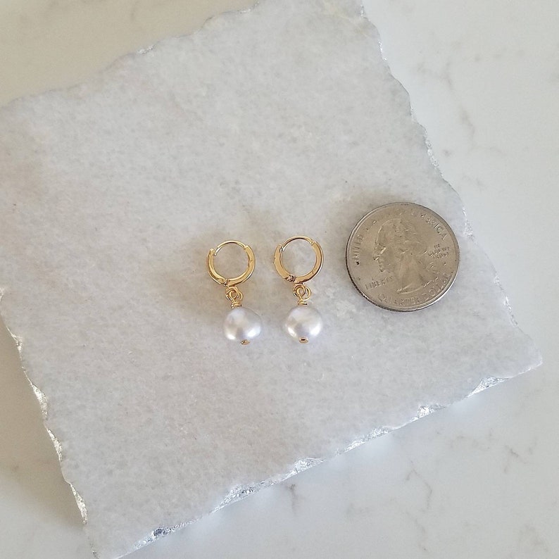 Fresh Water Pearl Huggies. Gold Pearl Earrings. Everyday Pearl Jewelry. image 5