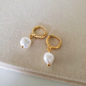 Fresh Water Pearl Huggies. Gold Pearl Earrings. Everyday Pearl Jewelry. image 2