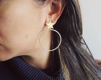 Gold Cosmos. Gold Brushed Statement Earrings. Gold Star Hoops.