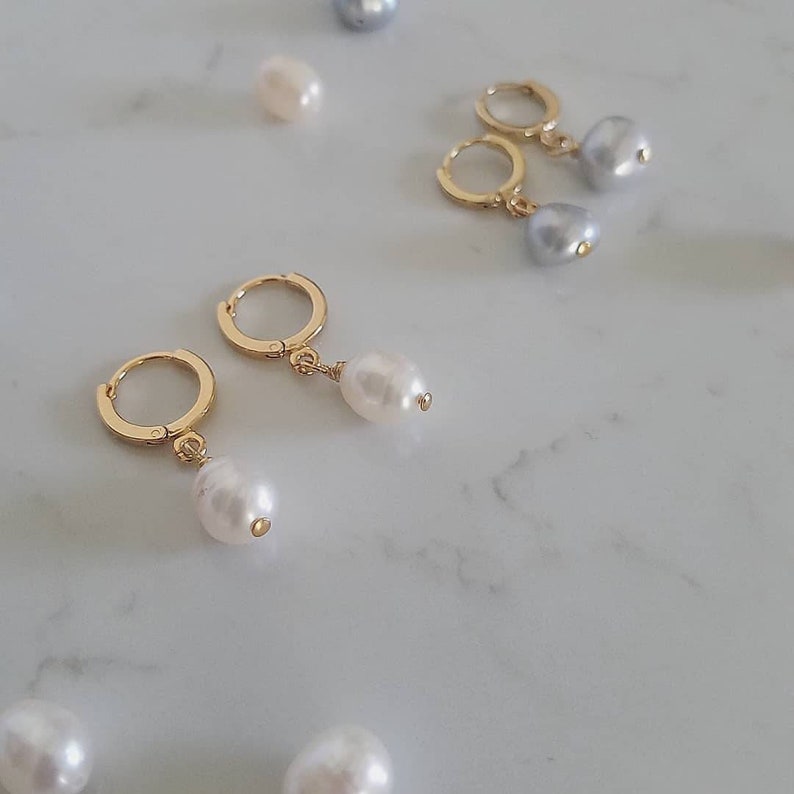 Fresh Water Pearl Huggies. Gold Pearl Earrings. Everyday Pearl Jewelry. image 4